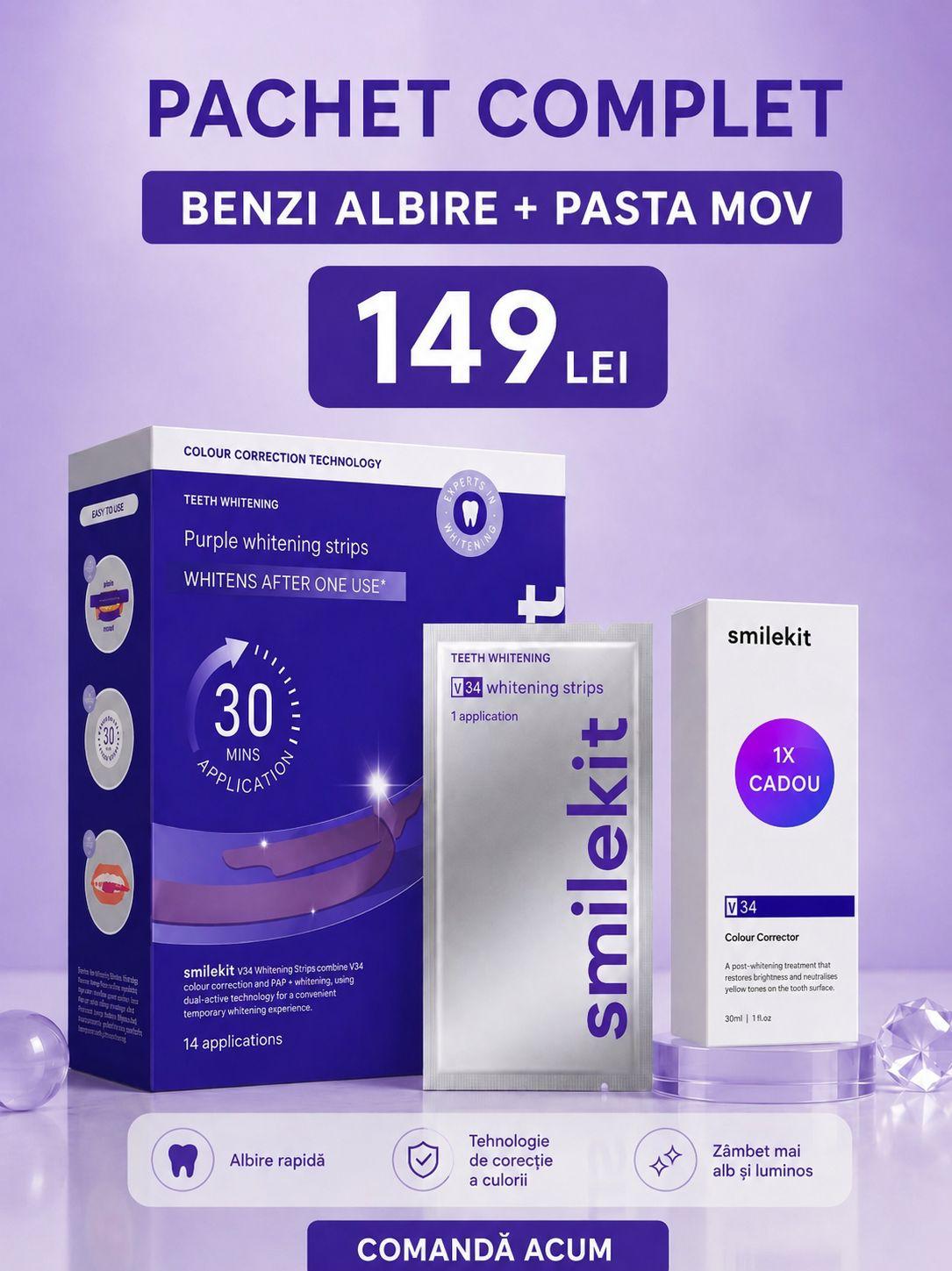 PACHET COMPLET ALBIRE DINTI - Benzi Albire dinti + pasta mov cadou - imagine 1