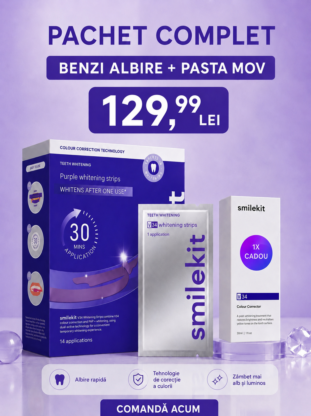 PACHET COMPLET ALBIRE DINTI - Benzi Albire dinti + pasta mov cadou - imagine 1