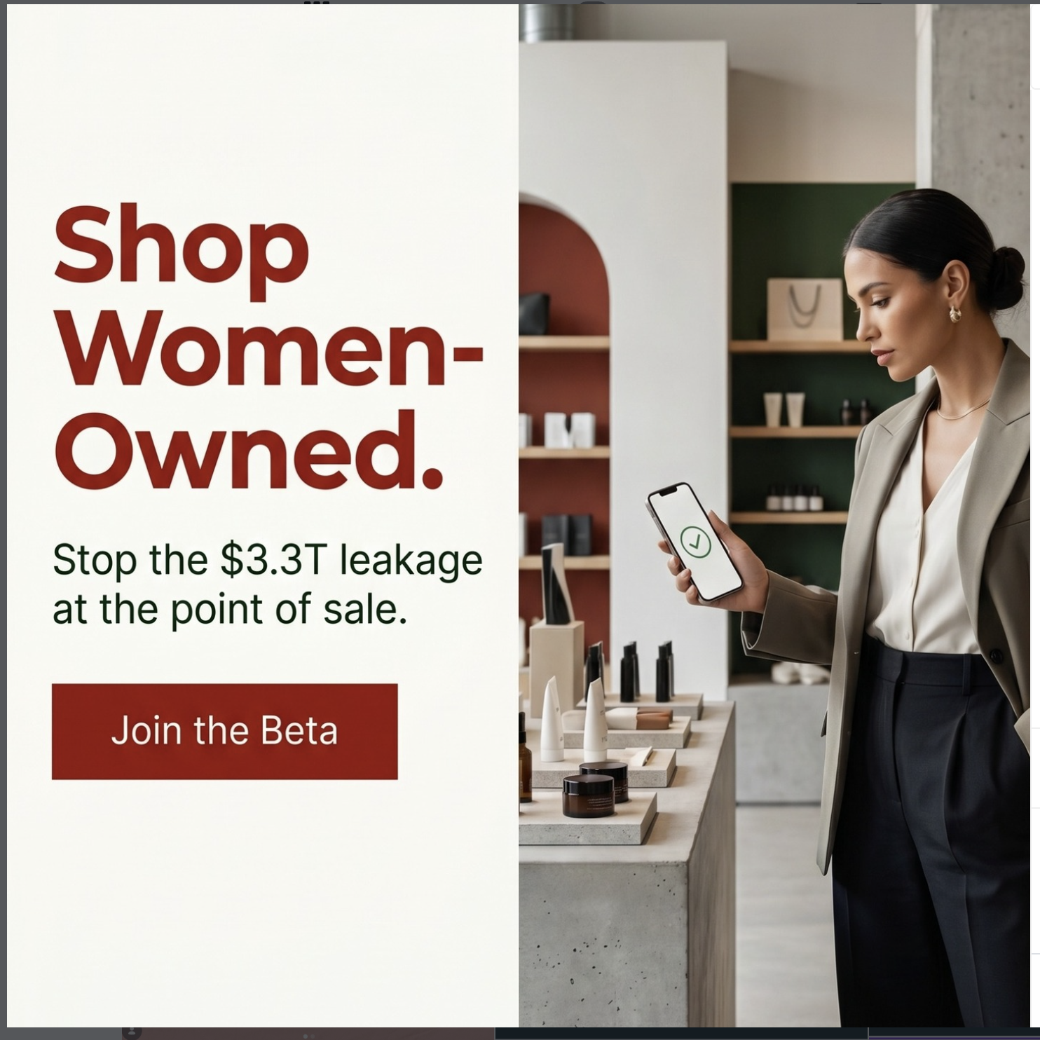 A woman in a boutique scans a product with the SheScan app — a green checkmark appears on her phone.
