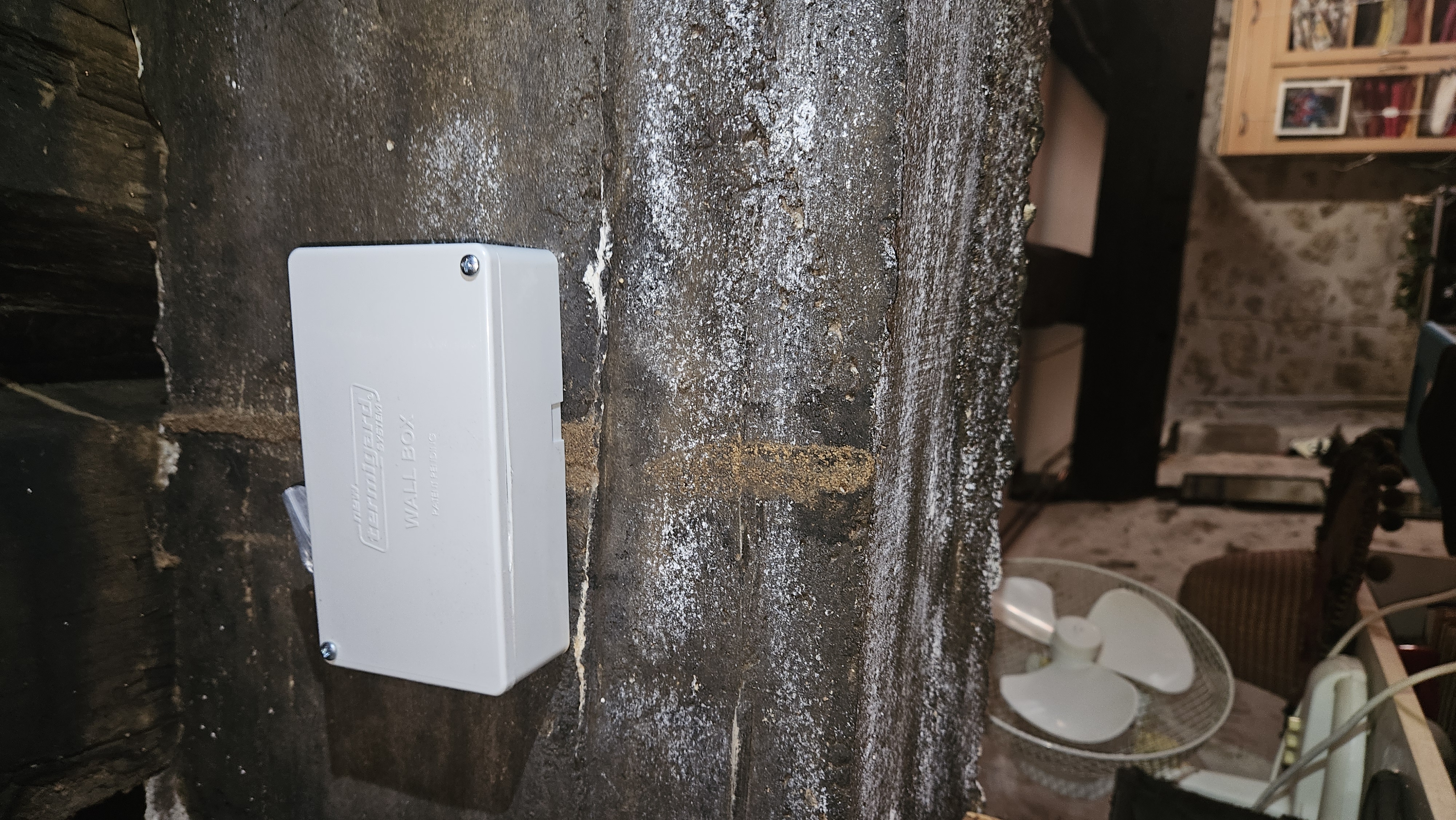 Boîtier Termigard Wall Box posé sur poutre de cave