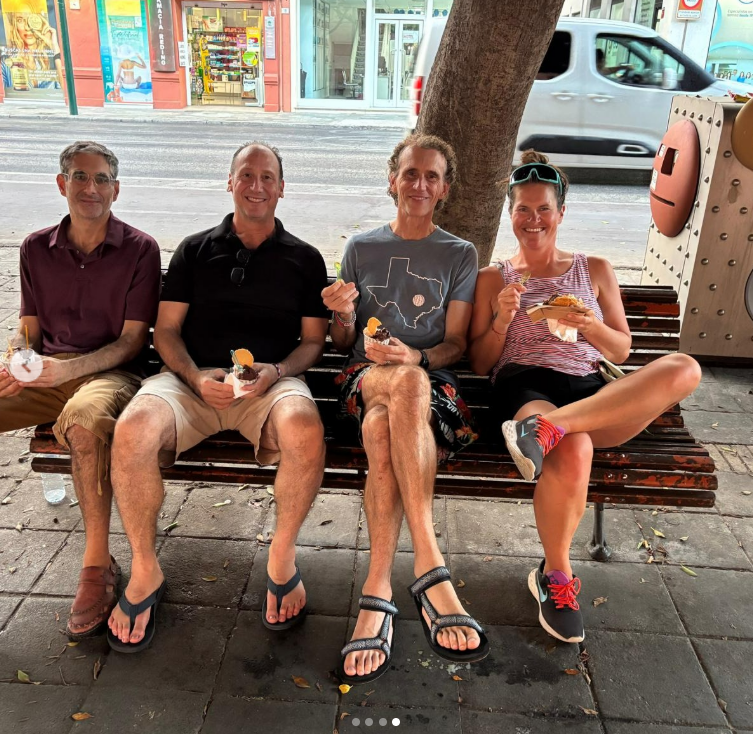 Tony and friends on a street bench