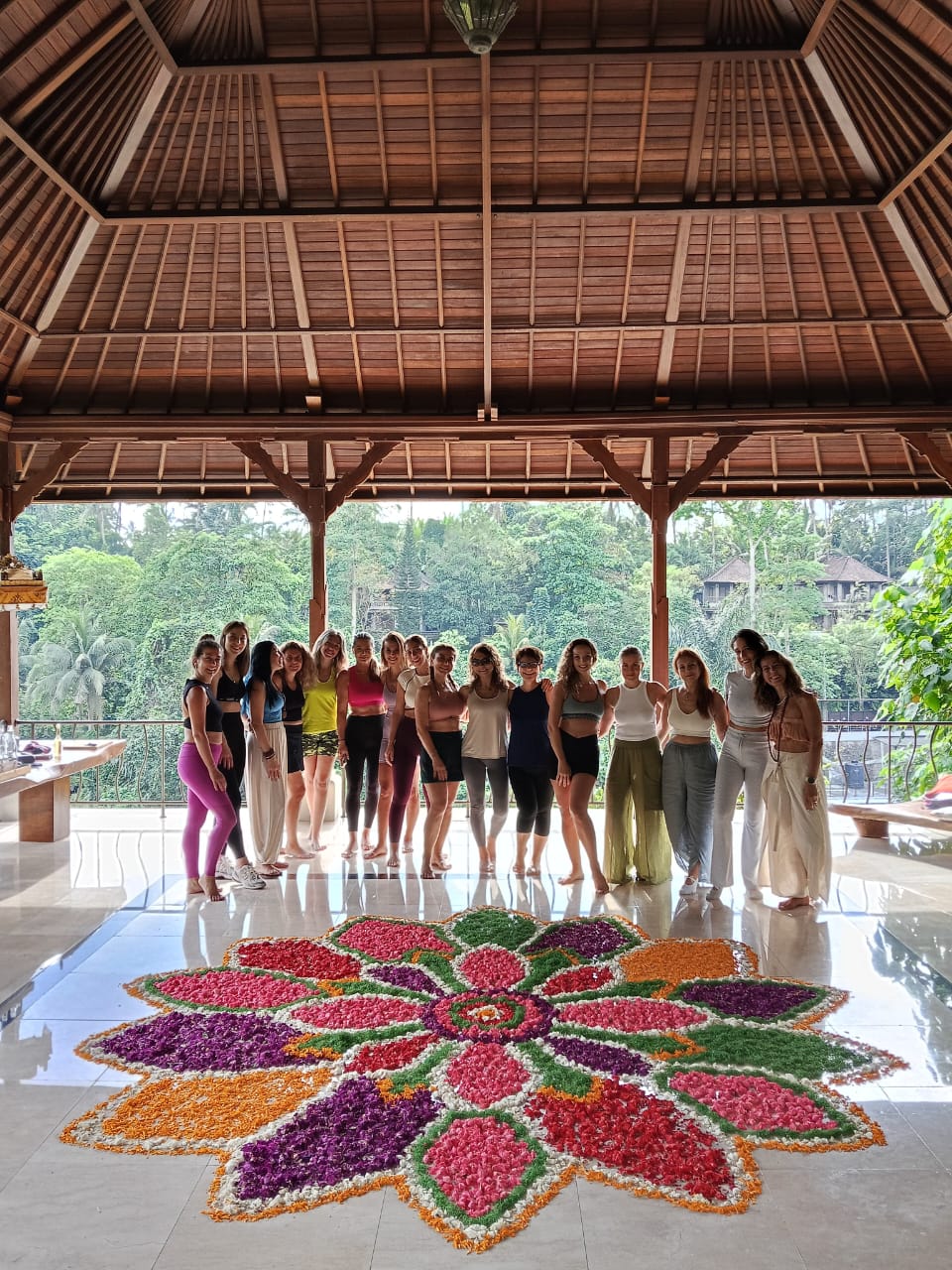 Yoga retreat group with flower mandala