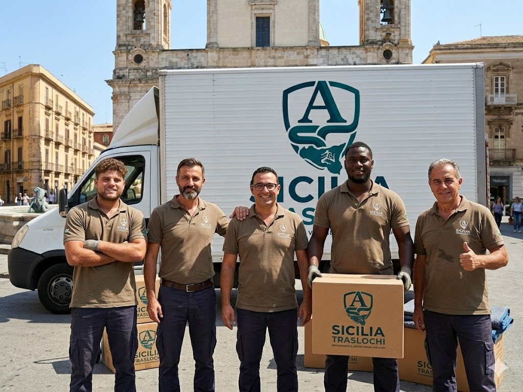Il team Sicilia Traslochi davanti al furgone aziendale a Caltanissetta